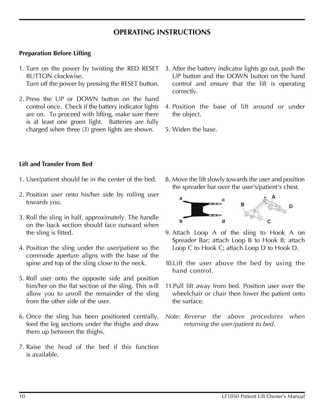 Lumex Syatems LF1050 owner manual Operating Instructions, Preparation Before Lifting, Lift and Transfer From Bed 