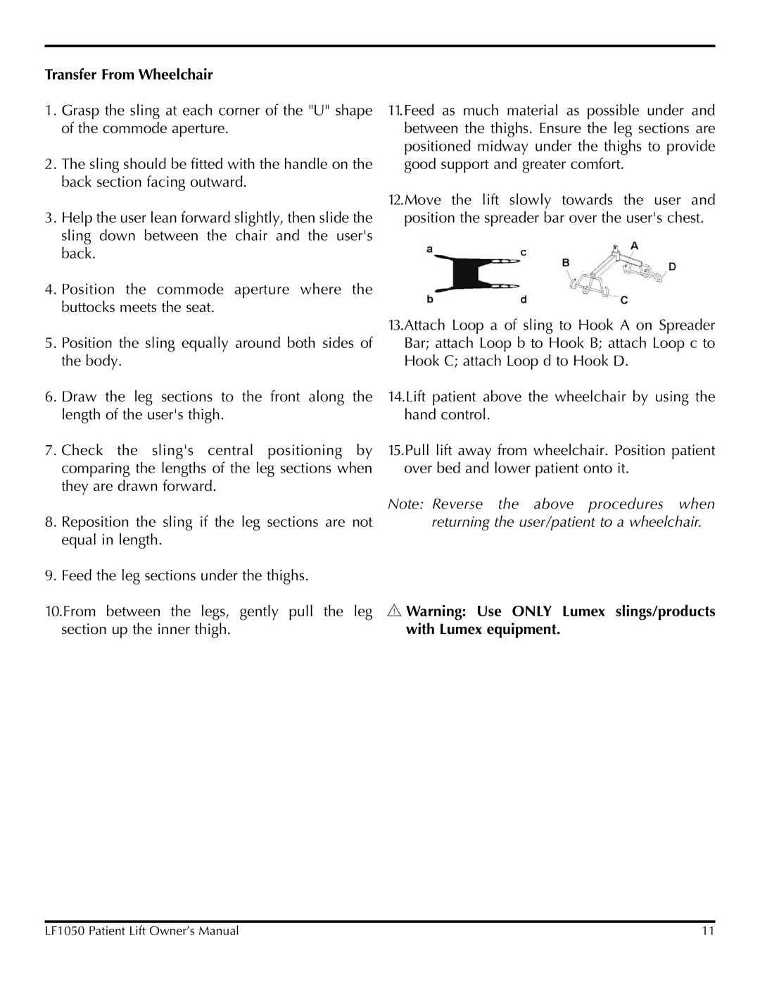 Lumex Syatems LF1050 owner manual Transfer From Wheelchair 