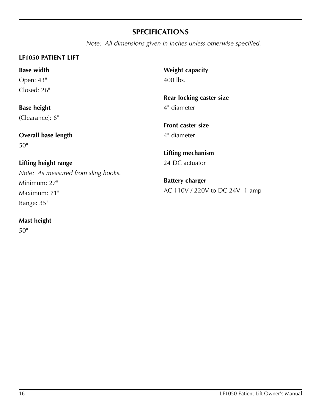 Lumex Syatems LF1050 owner manual Specifications 