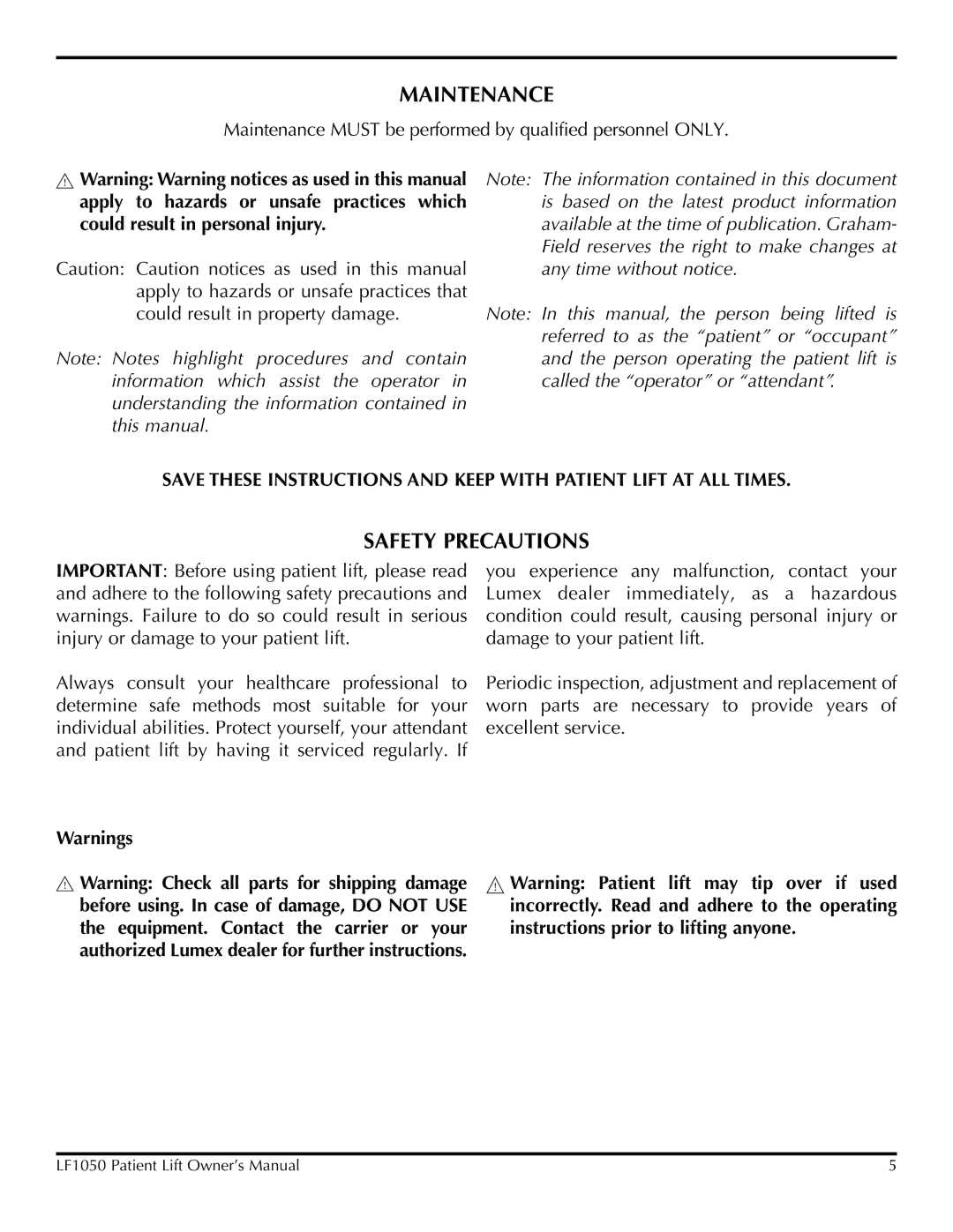 Lumex Syatems LF1050 owner manual Maintenance, Safety Precautions 