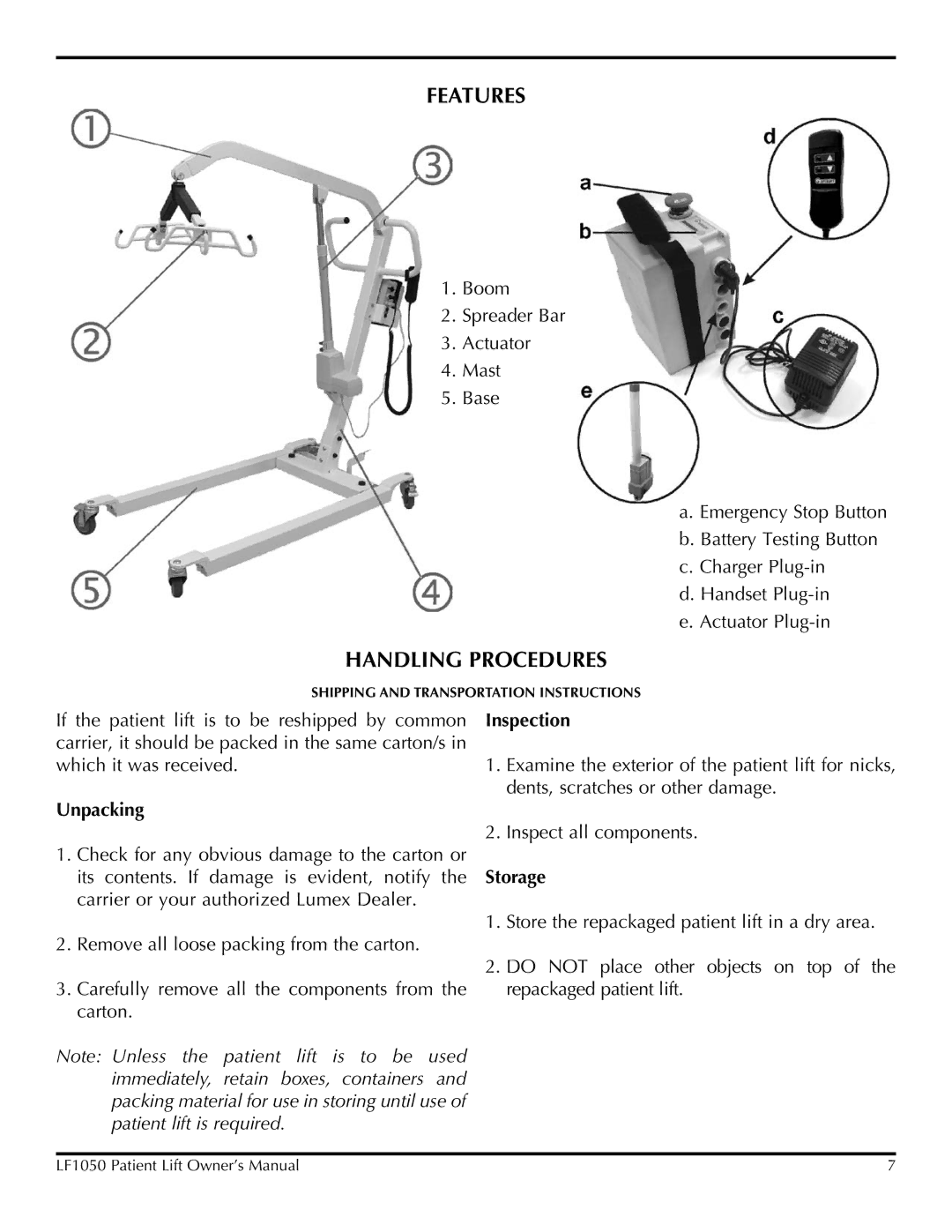 Lumex Syatems LF1050 owner manual Features, Handling Procedures, Unpacking, Inspection, Storage 