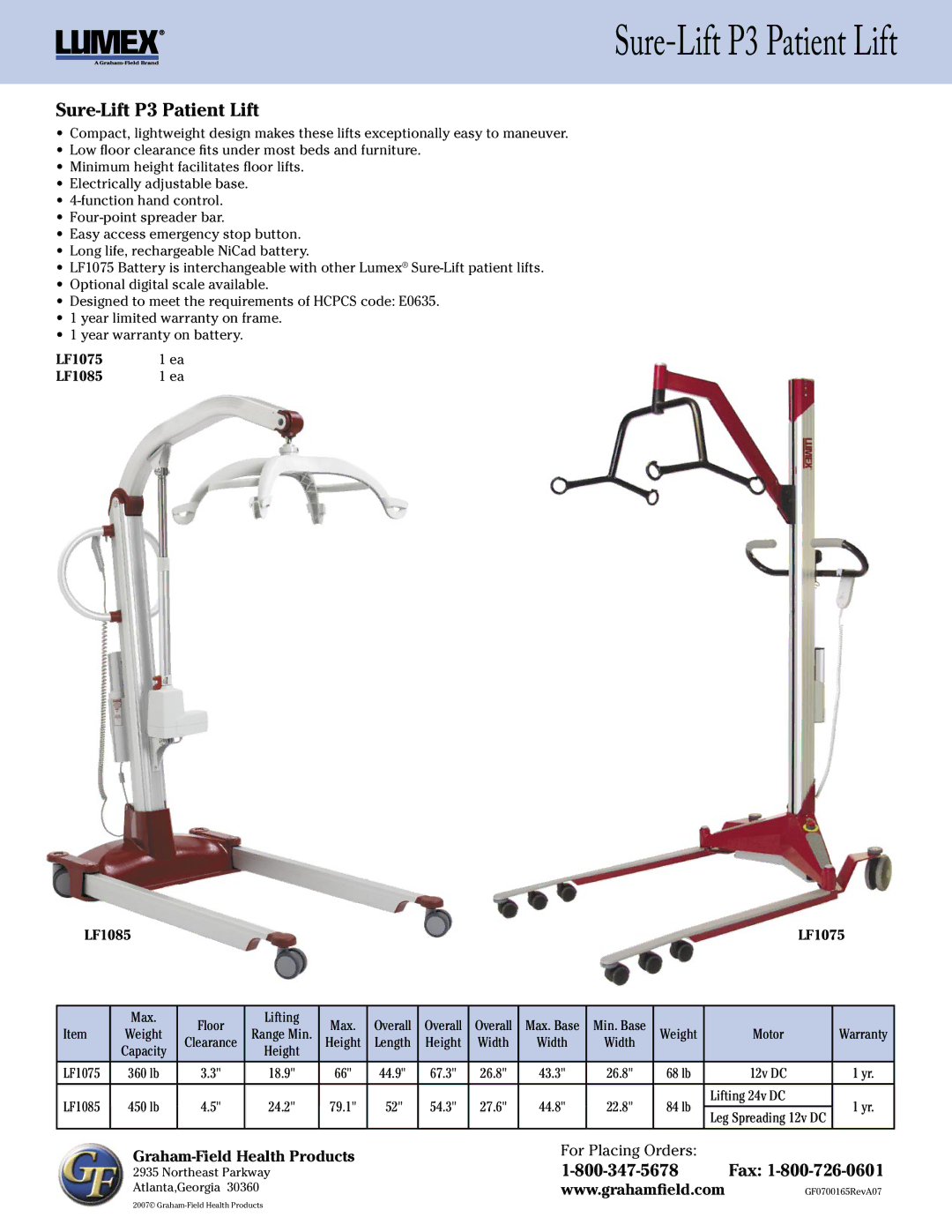 Lumex Syatems warranty Sure-Lift P3 Patient Lift, LF1075 LF1085 