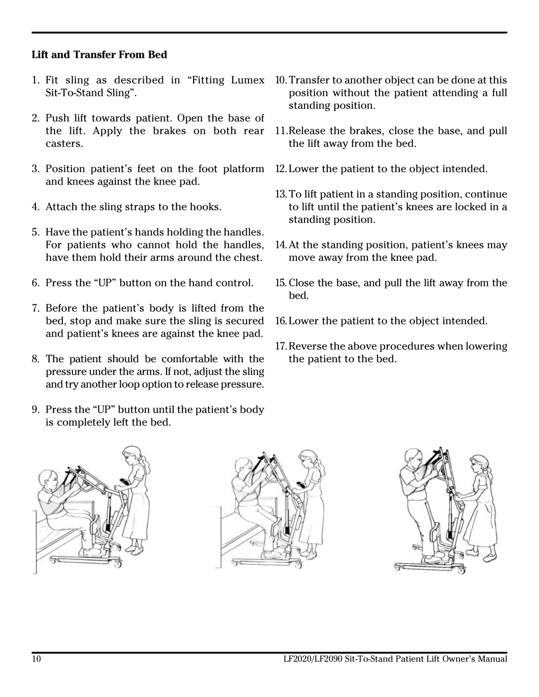 Lumex Syatems LF2090, LF2020 owner manual Lift and Transfer From Bed 