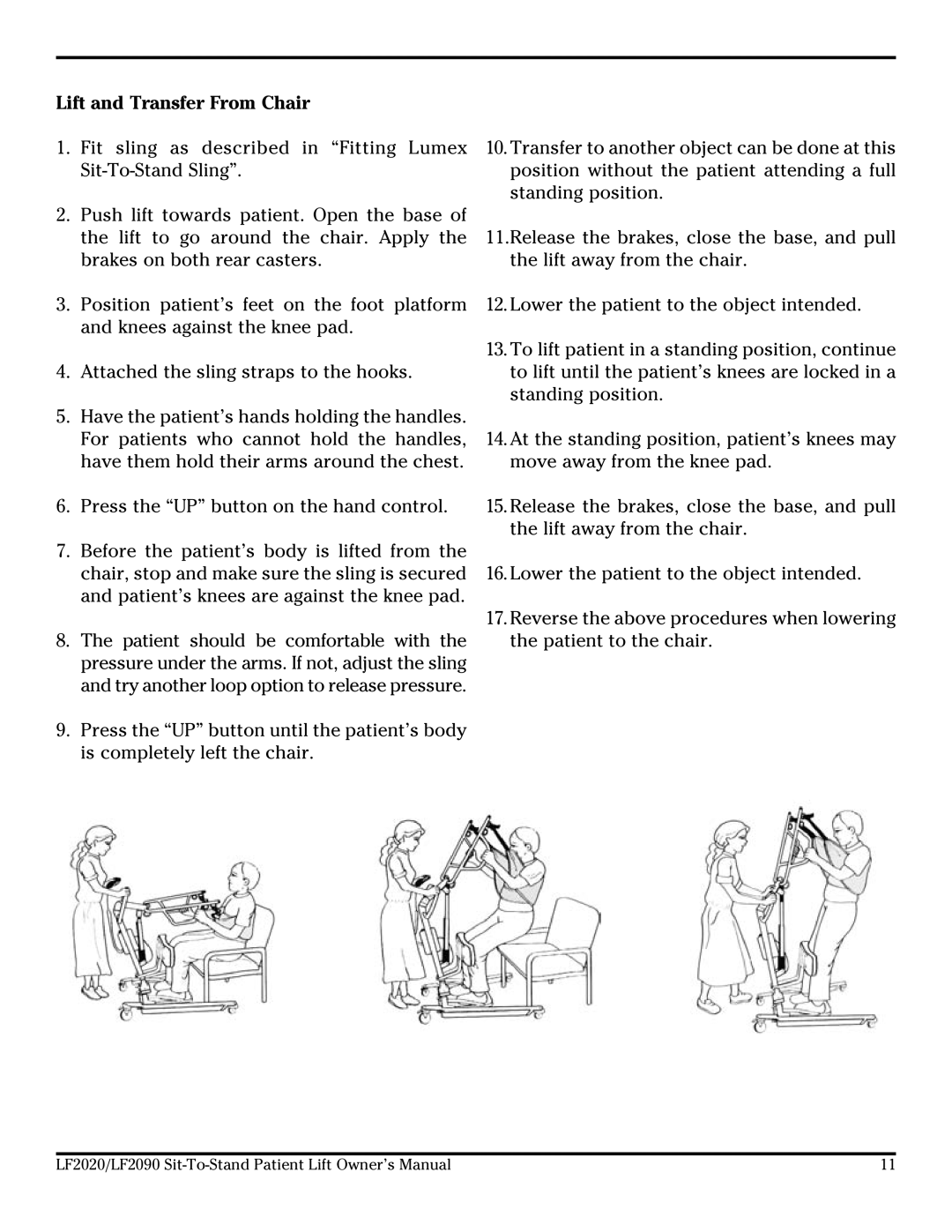 Lumex Syatems LF2020, LF2090 owner manual Lift and Transfer From Chair 