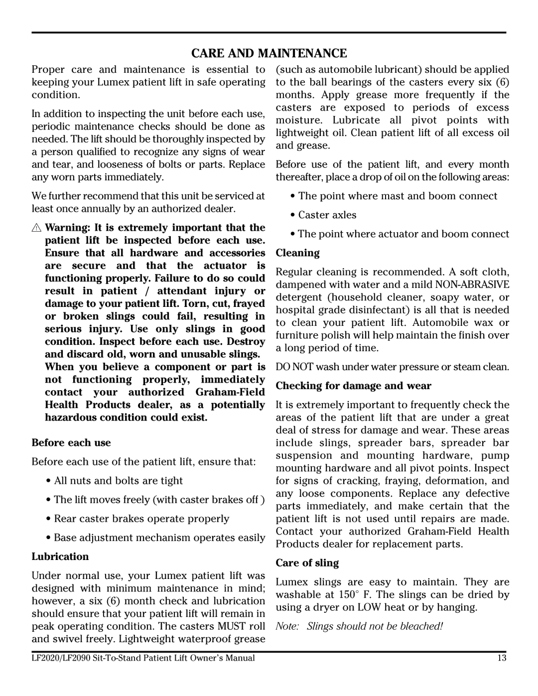 Lumex Syatems LF2020, LF2090 owner manual Care and Maintenance 