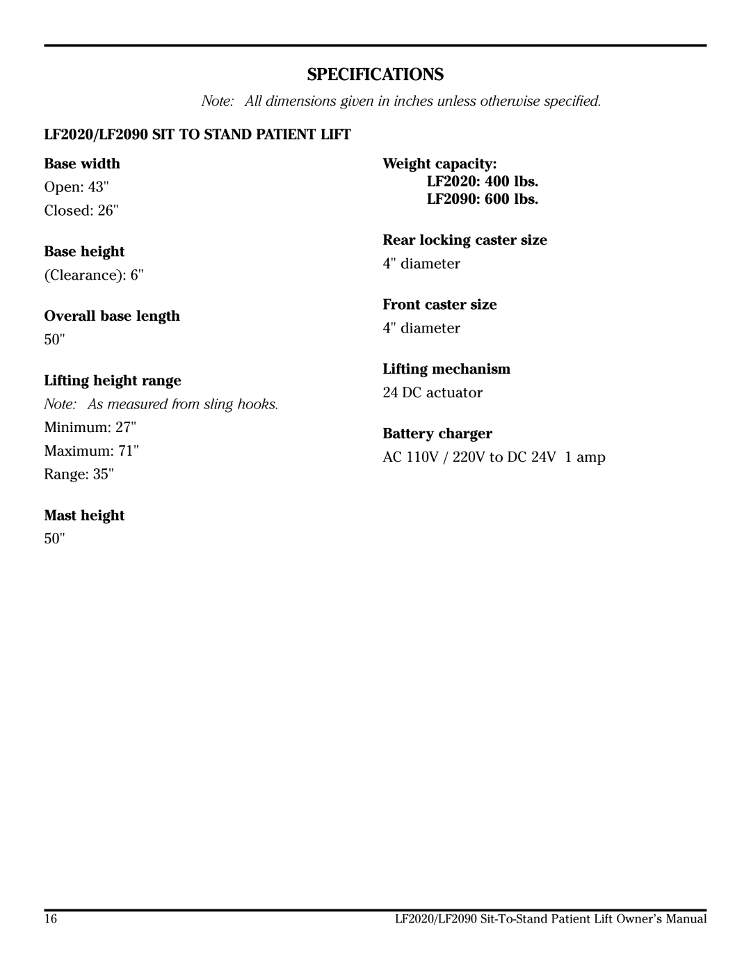 Lumex Syatems LF2090, LF2020 owner manual Specifications 