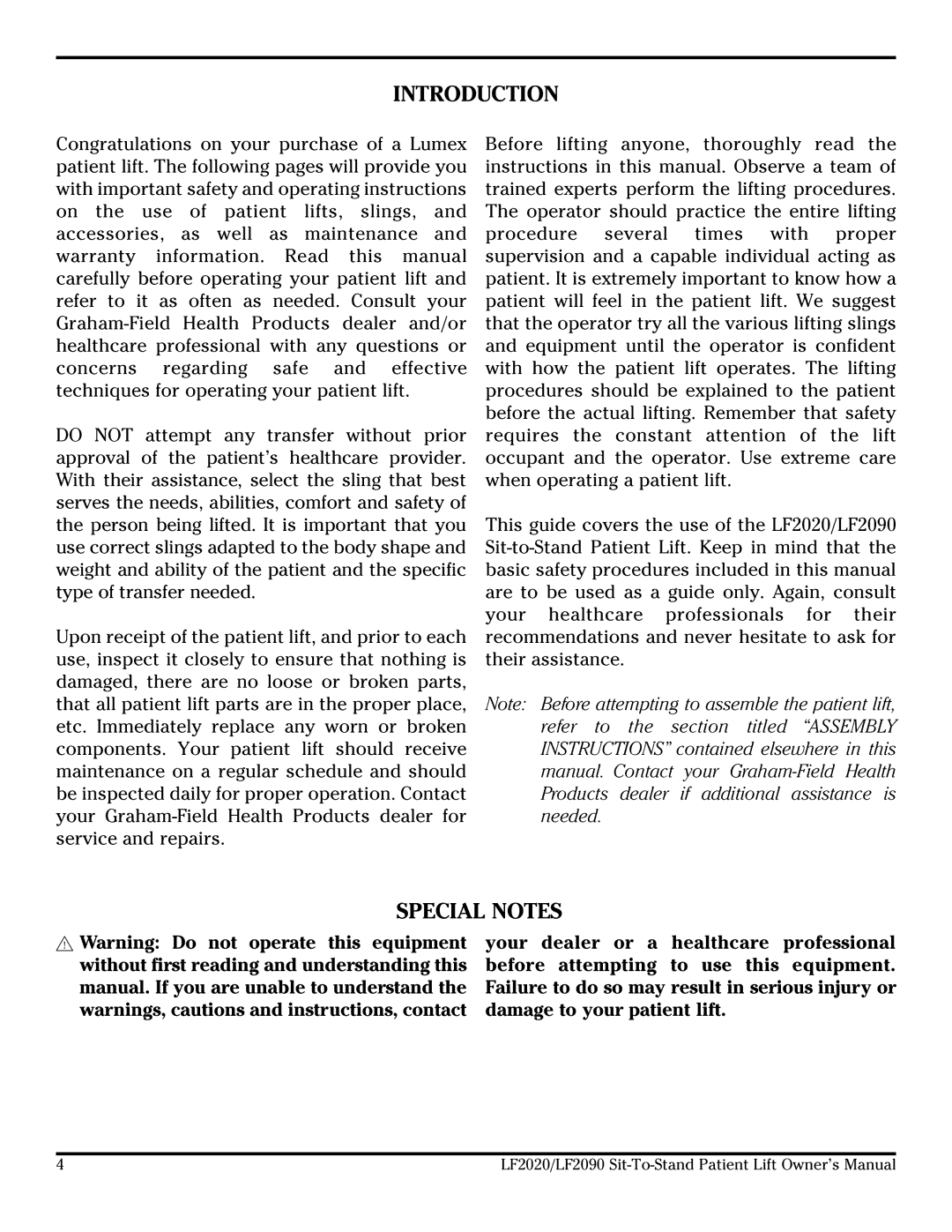 Lumex Syatems LF2090, LF2020 owner manual Introduction, Special Notes 