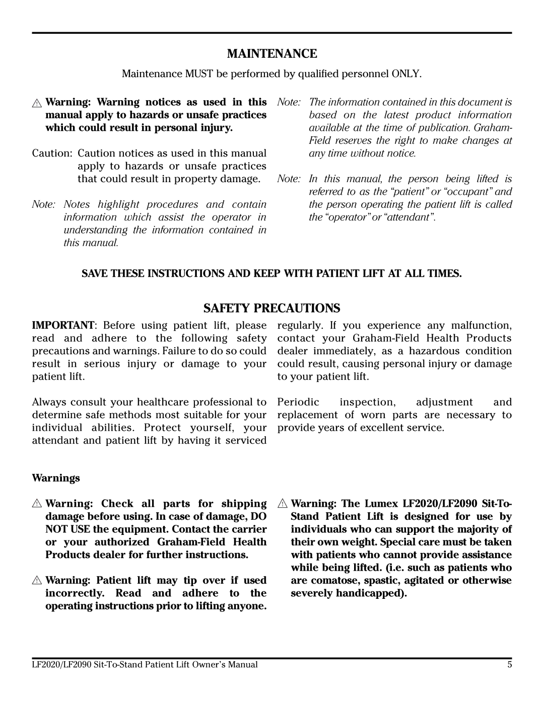 Lumex Syatems LF2020, LF2090 owner manual Maintenance, Safety Precautions 