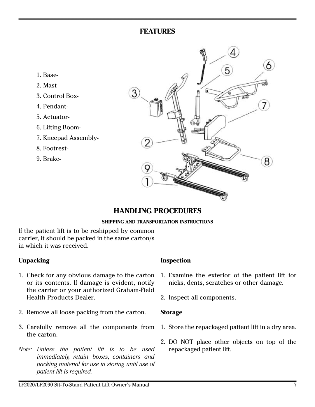 Lumex Syatems LF2020, LF2090 owner manual Features, Handling Procedures, Unpacking Inspection, Storage 