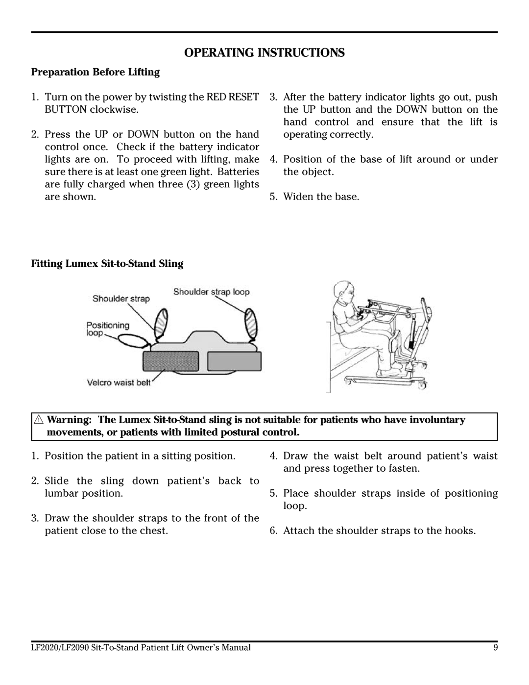 Lumex Syatems LF2020, LF2090 Operating Instructions, Preparation Before Lifting, Fitting Lumex Sit-to-Stand Sling 