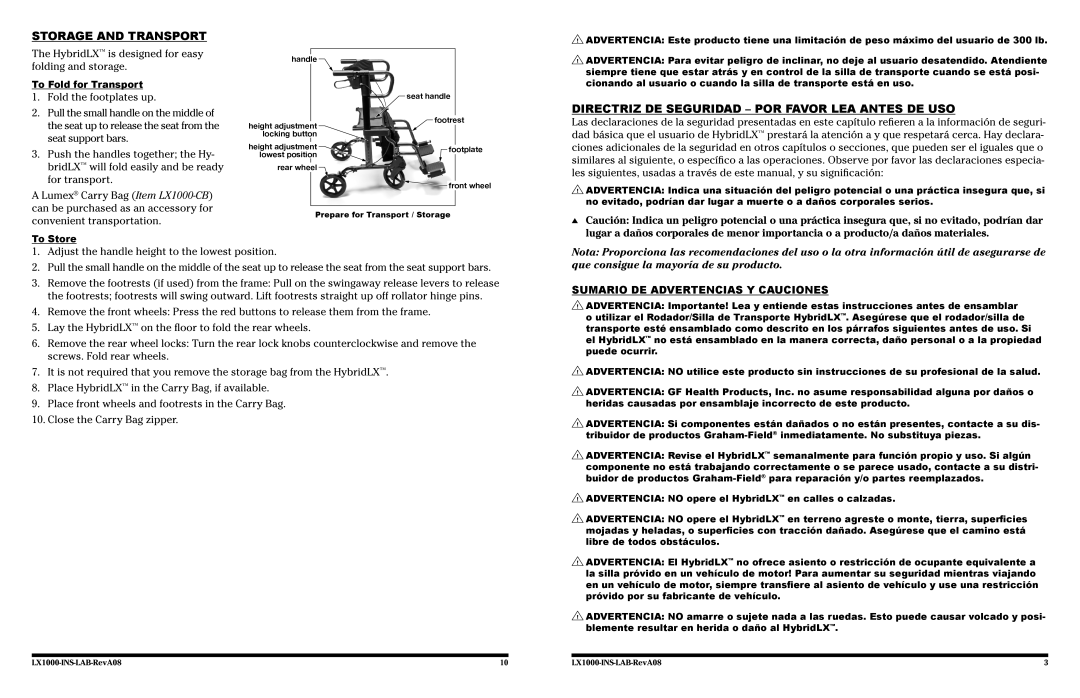 Lumex Syatems LX1000 user manual Storage and Transport, Directriz de Seguridad Por Favor Lea Antes de Uso 