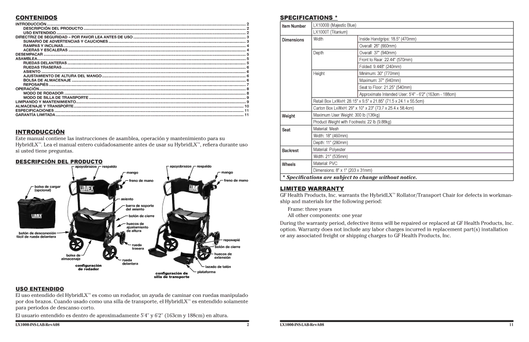 Lumex Syatems LX1000 user manual Contenidos, Introducción, Specifications, Limited Warranty 