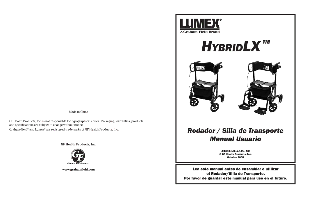 Lumex Syatems LX1000 user manual Rodador / Silla de Transporte Manual Usuario 