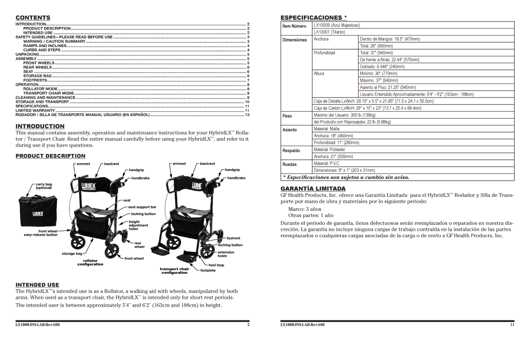 Lumex Syatems LX1000 user manual Contents, Introduction, Especificaciones, Garantía Limitada 