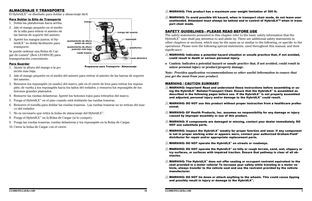 Lumex Syatems LX1000 user manual Almacenaje y Transporte, Safety Guidelines-Please Read Before Use 