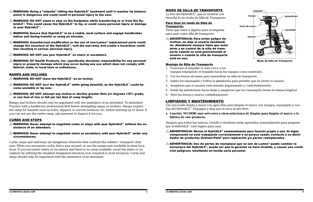 Lumex Syatems LX1000 Limpiando y Mantenimiento, Modo de Silla de Transporte, Ramps and Inclines, Curbs and steps 