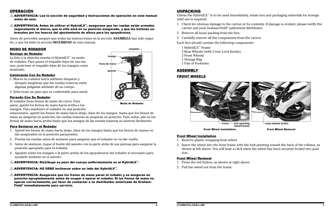 Lumex Syatems LX1000 user manual Operación, Unpacking, Modo de Rodador, Front Wheels 