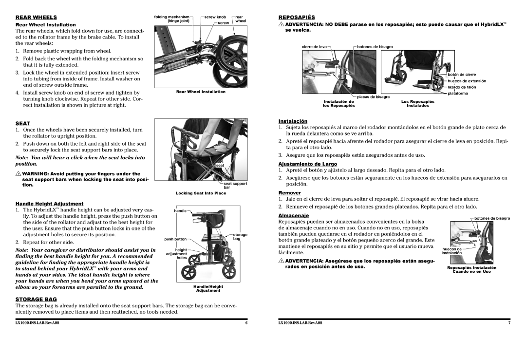 Lumex Syatems LX1000 user manual Rear Wheels, Reposapiés, Seat, Storage Bag 