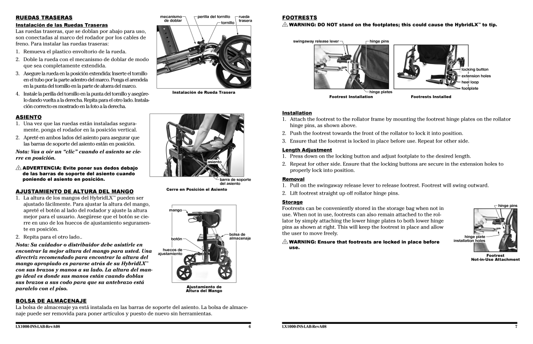 Lumex Syatems LX1000 user manual Ruedas Traseras, Asiento, Ajustamiento de Altura del Mango, Footrests, Bolsa de Almacenaje 