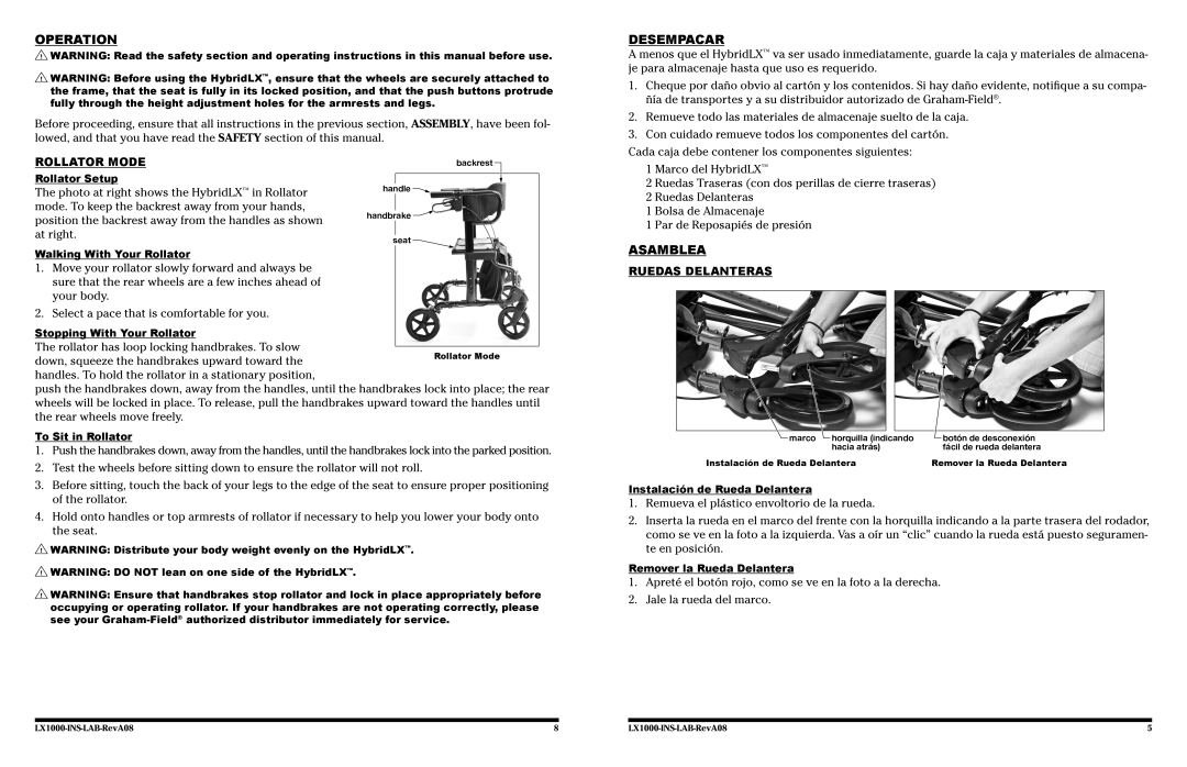 Lumex Syatems LX1000 user manual Operation, Desempacar, Rollator Mode, Ruedas Delanteras 