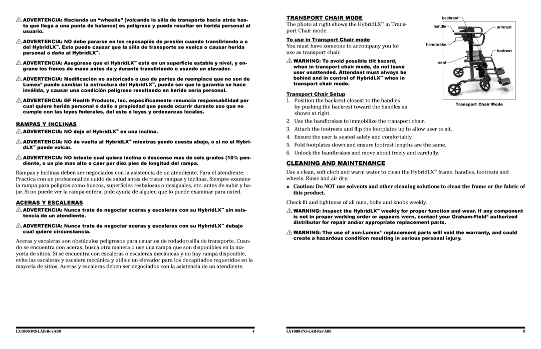 Lumex Syatems LX1000 user manual Cleaning and Maintenance, Transport Chair Mode, Rampas y Inclinas, Aceras y Escaleras 