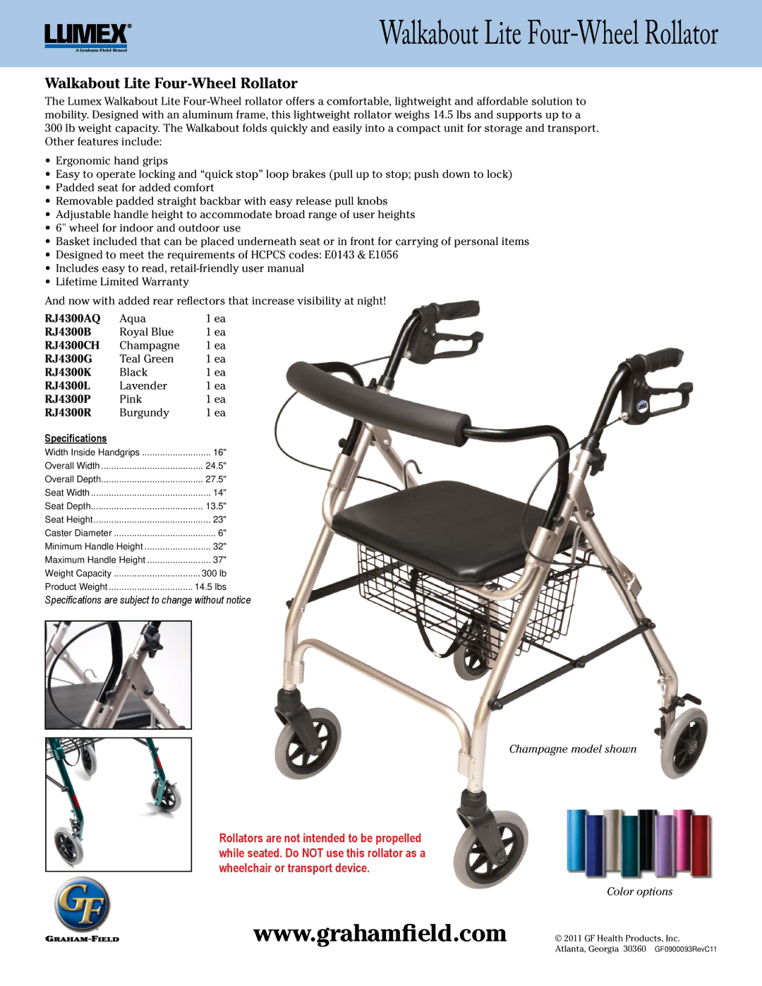 Lumex Syatems RJ4300AQ, RJ4300G, RJ4300R, RJ4300B, RJ4300CH warranty Walkabout Lite Four-Wheel Rollator, Specifications 