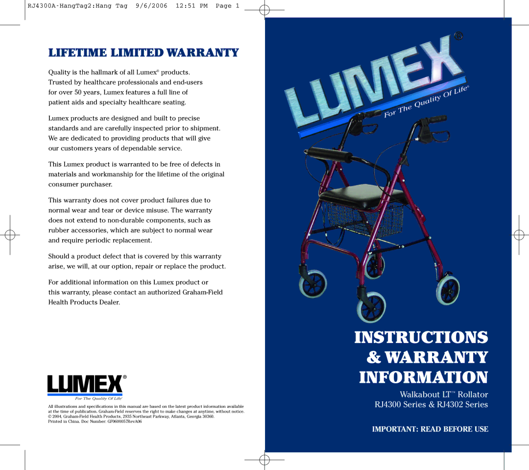 Lumex Syatems RJ4300, RJ4302 warranty Instructions Warranty Information, Lifetime Limited Warranty 