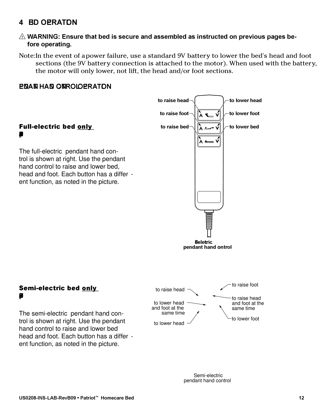 Lumex Syatems US0208 user manual BED Operation, Pendant Hand Control Operation, Full-electric bed only US0458/US0458PL 