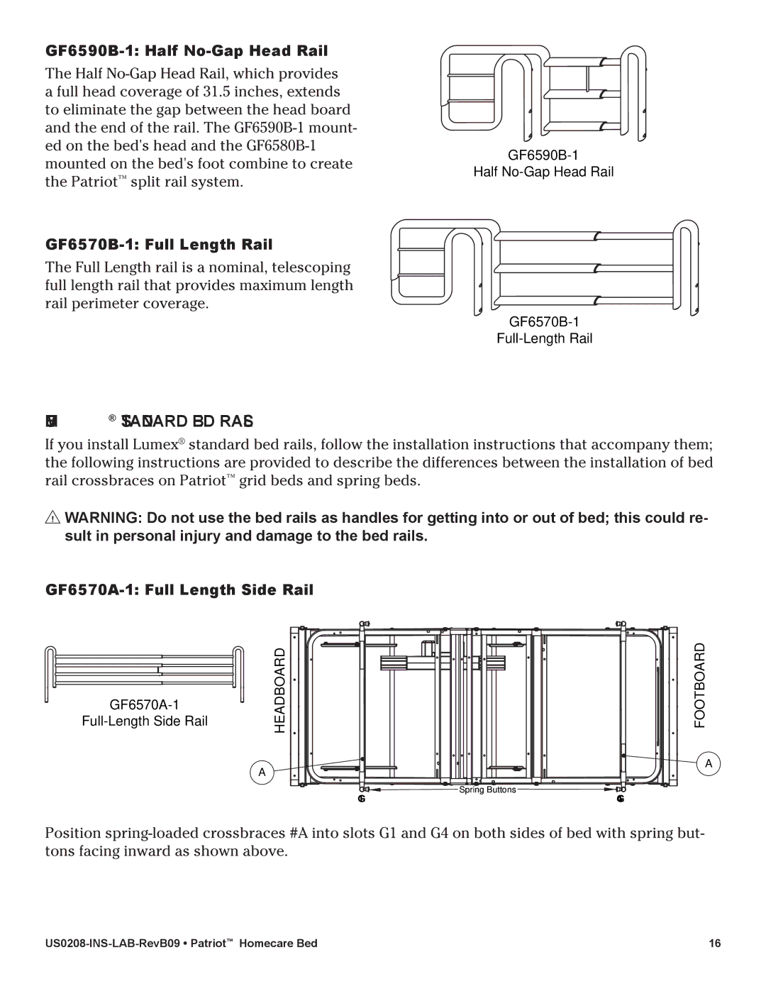 Lumex Syatems US0208 user manual Lumex Standard BED Rails, GF6590B-1 Half No-Gap Head Rail, GF6570B-1 Full Length Rail 