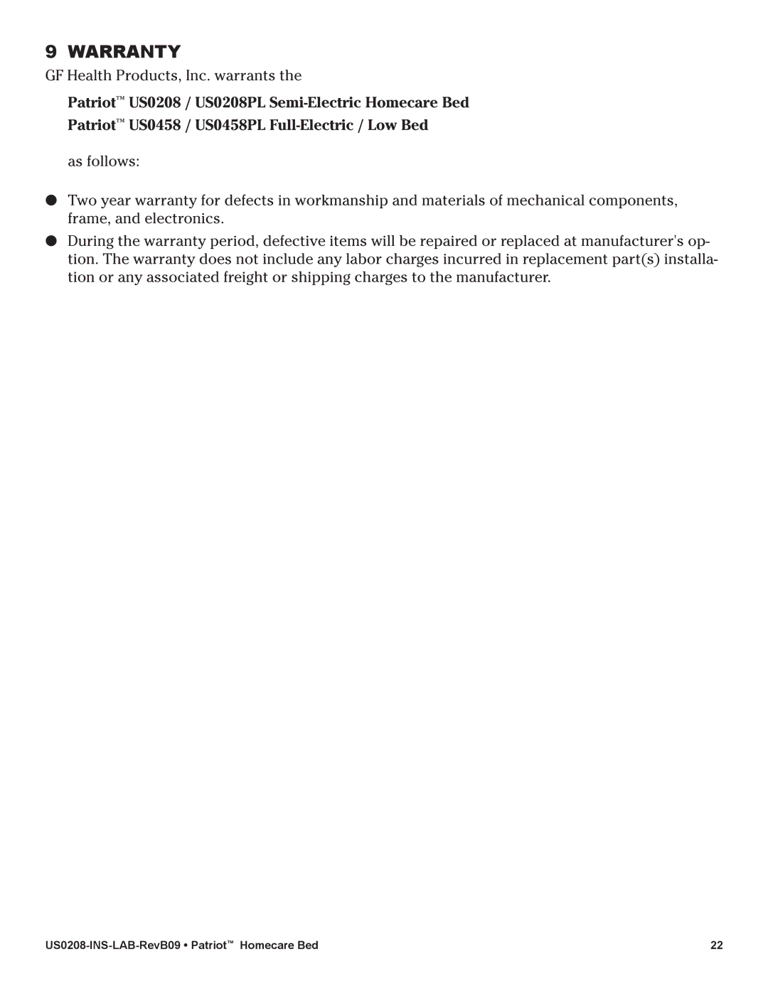 Lumex Syatems US0208 user manual Warranty 