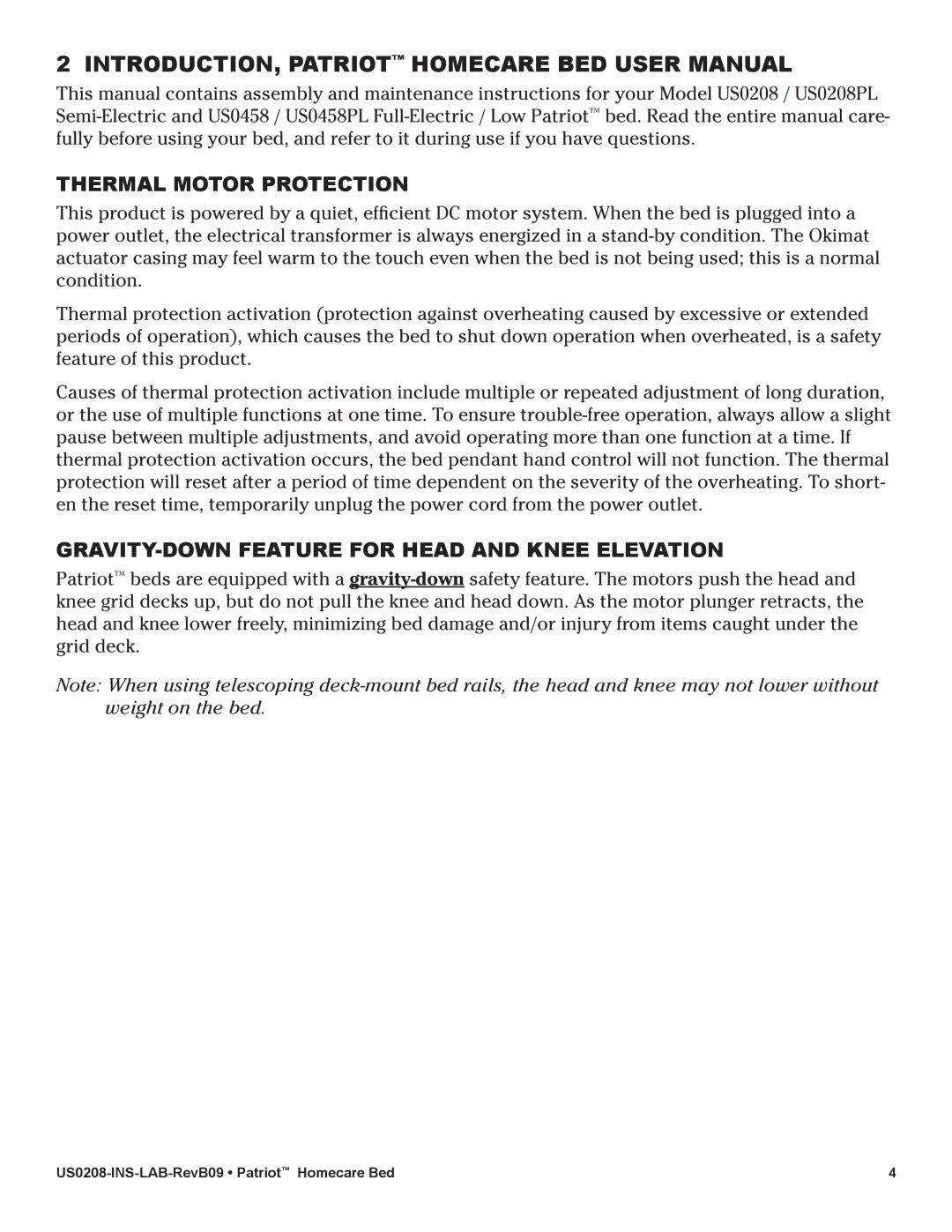 Lumex Syatems US0208 user manual Thermal Motor Protection, GRAVITY-DOWN Feature for Head and Knee Elevation 