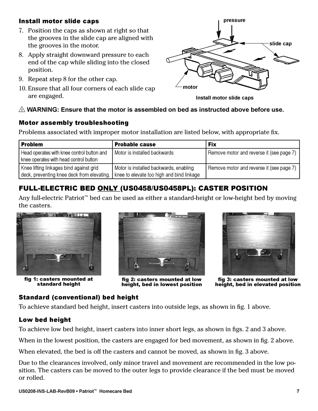 Lumex Syatems US0208 FULL-ELECTRIC BED only US0458/US0458PL Caster Position, Install motor slide caps, Low bed height 