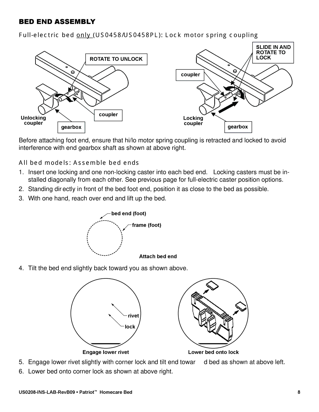 Lumex Syatems US0208 user manual BED END Assembly, All bed models Assemble bed ends 