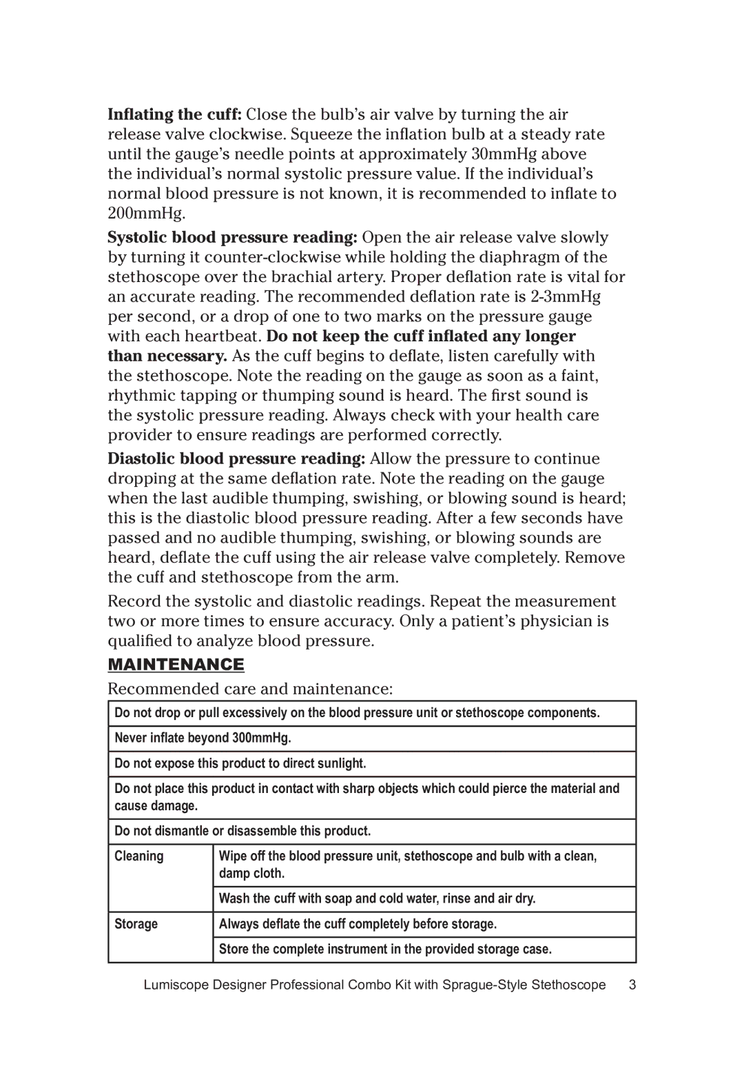 Lumiscope 100-040 user manual Maintenance, Recommended care and maintenance 