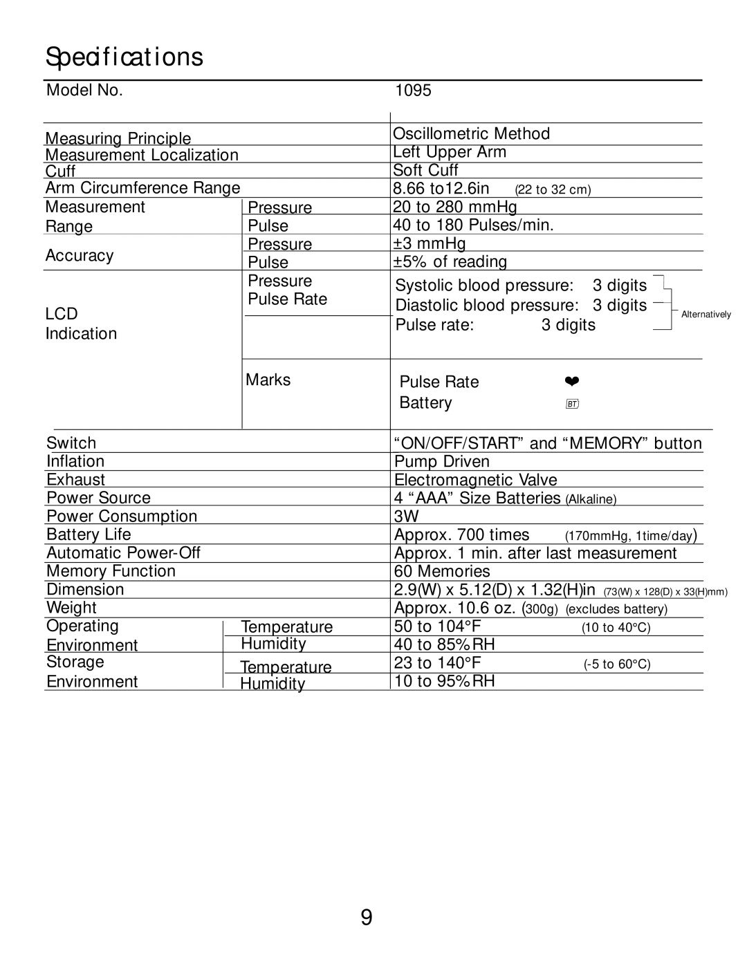 Lumiscope 1095 instruction manual Specifications, Lcd 