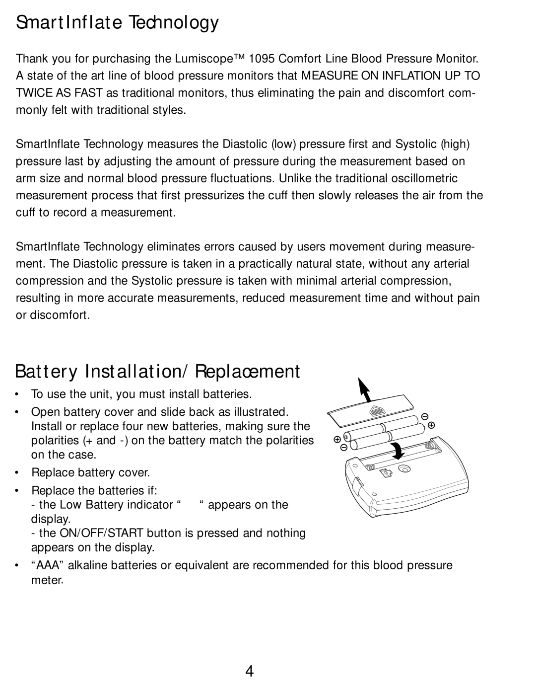 Lumiscope 1095 instruction manual SmartInflate Technology, Battery Installation/Replacement 