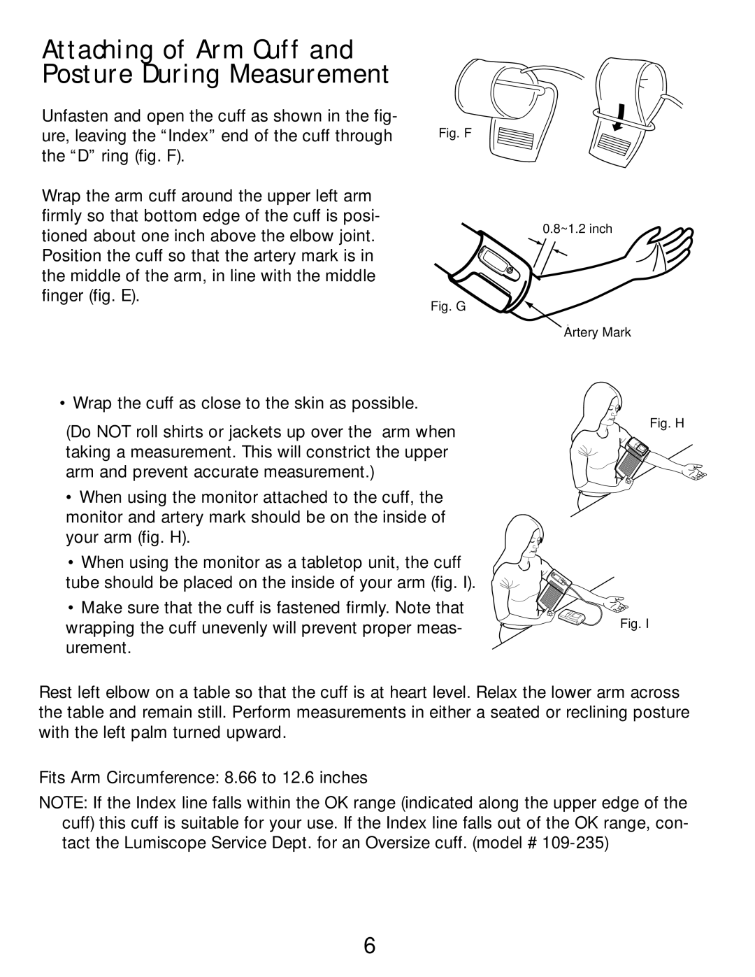 Lumiscope 1095 instruction manual Attaching of Arm Cuff Posture During Measurement, Fig. G 