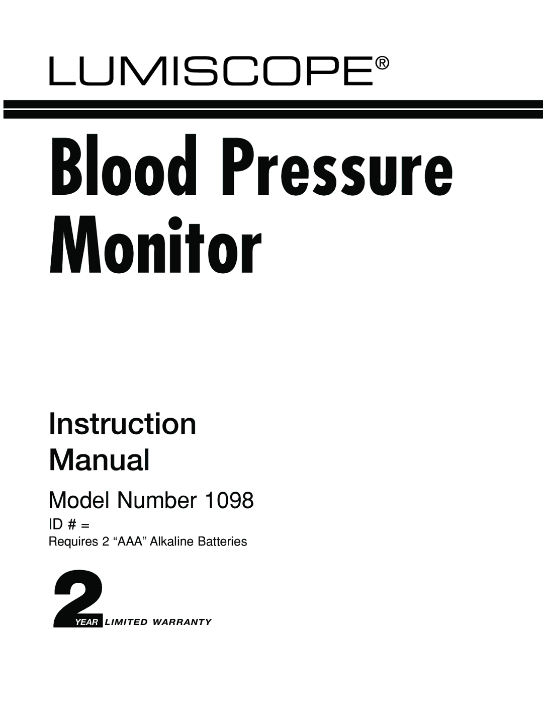 Lumiscope 1098 instruction manual Blood Pressure Monitor 