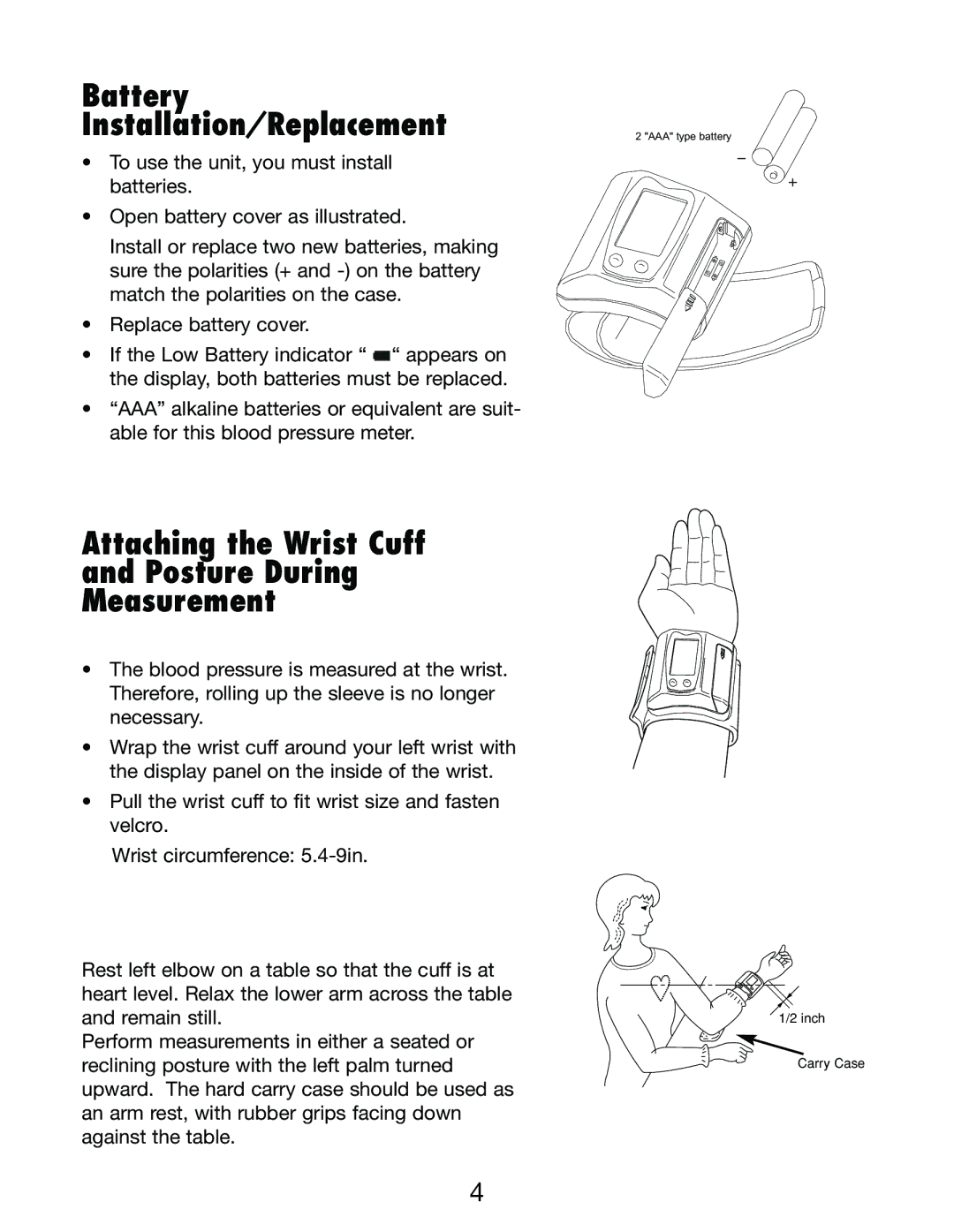 Lumiscope 1098 instruction manual Battery Installation/Replacement, Attaching the Wrist Cuff Posture During Measurement 