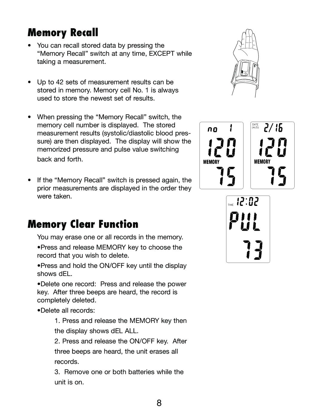 Lumiscope 1098 instruction manual Memory Recall, Memory Clear Function 