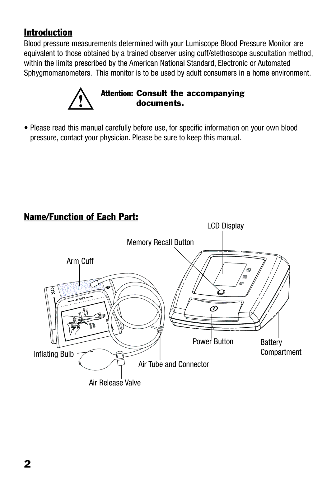 Lumiscope 1100 specifications Introduction, Name/Function of Each Part 