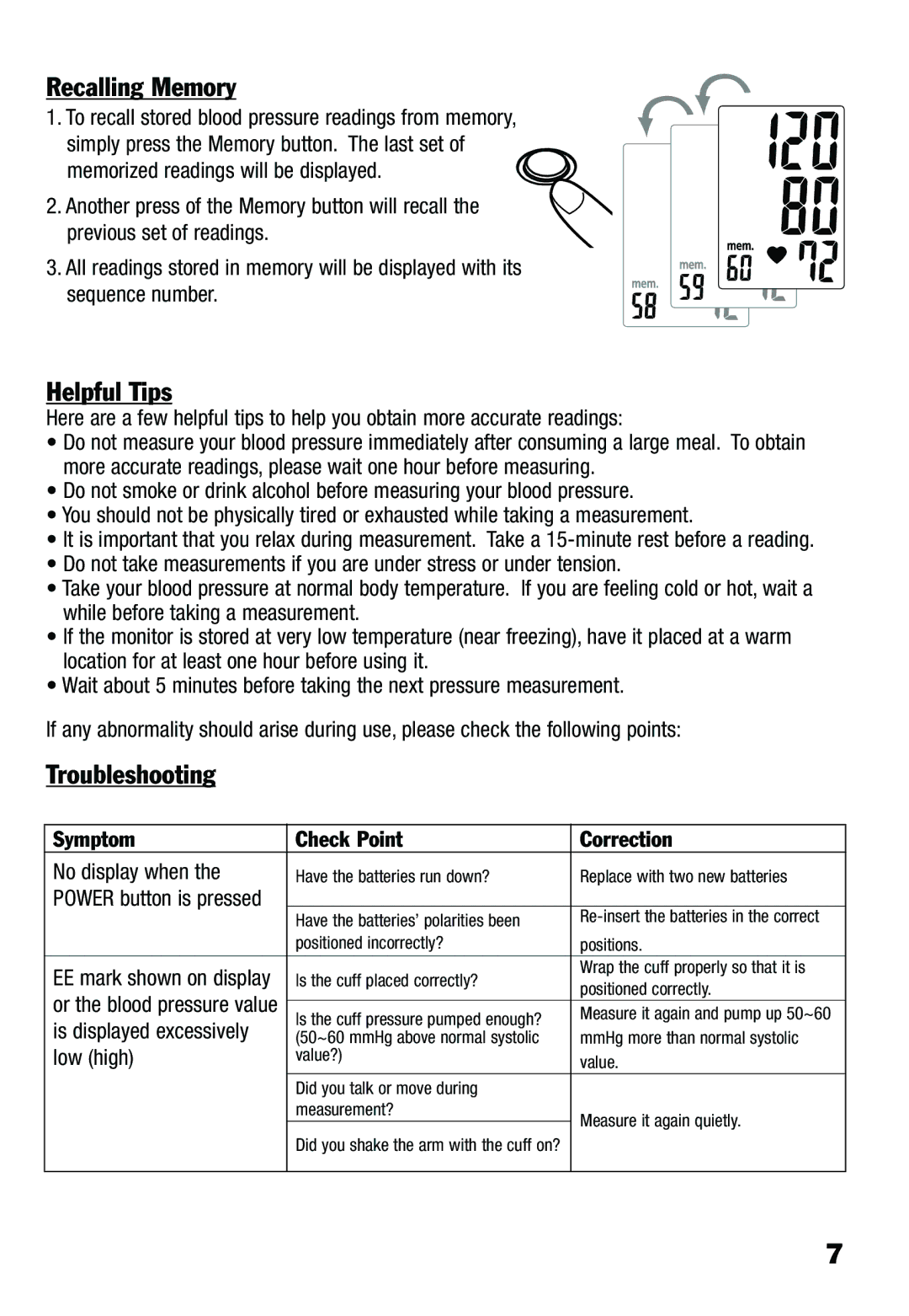 Lumiscope 1100 specifications Recalling Memory, Helpful Tips, Troubleshooting 