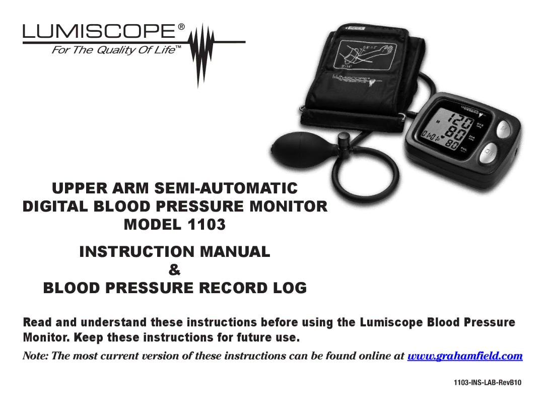 Lumiscope 1103 instruction manual Upper ARM SEMI-AUTOMATIC Digital Blood Pressure Monitor 