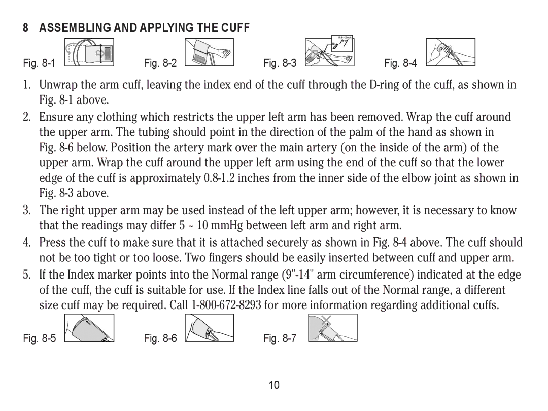 Lumiscope 1103 instruction manual Assembling and Applying the Cuff 