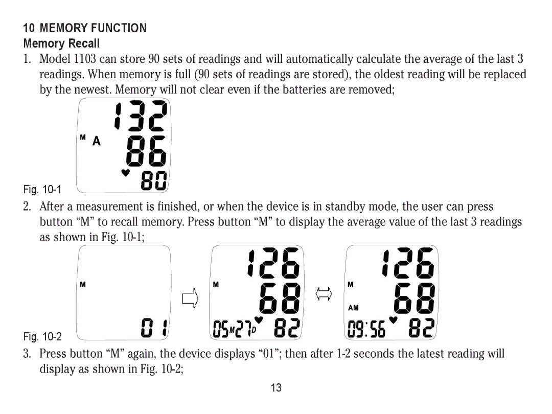 Lumiscope 1103 instruction manual Memory Function Memory Recall 