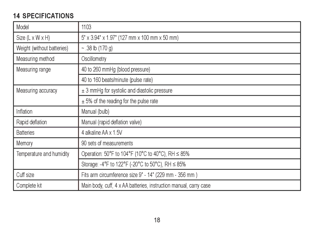 Lumiscope 1103 instruction manual Specifications 