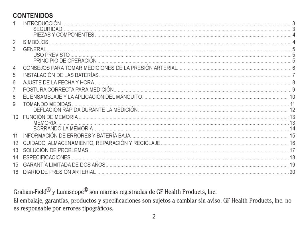 Lumiscope 1103 instruction manual Contenidos 