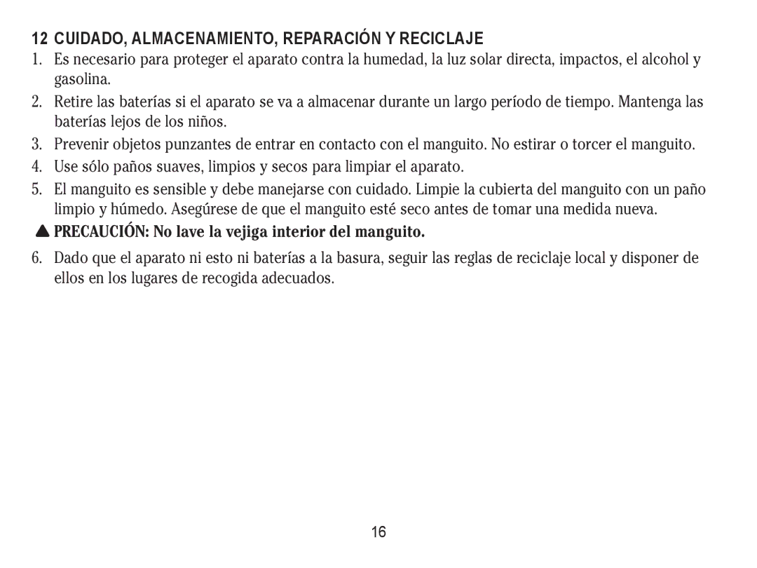 Lumiscope 1103 CUIDADO, ALMACENAMIENTO, Reparación Y Reciclaje, Precaución No lave la vejiga interior del manguito 