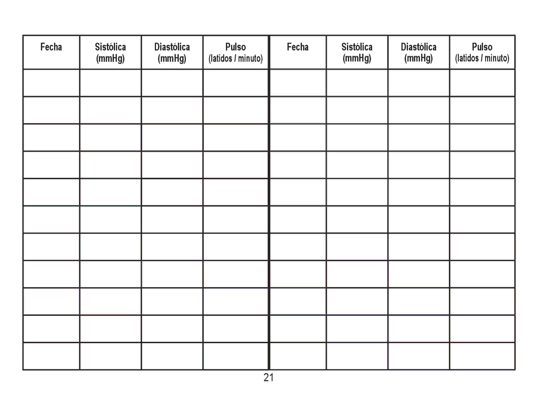 Lumiscope 1103 instruction manual Fecha Sistólica MmHg Diastólica Pulso Latidos / minuto 