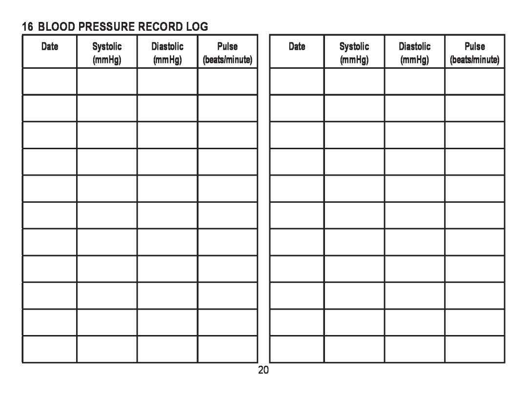 Lumiscope 1103 instruction manual Blood Pressure Record Log, Pulse, Systolic mmHg, Diastolic mmHg, beats/minute 